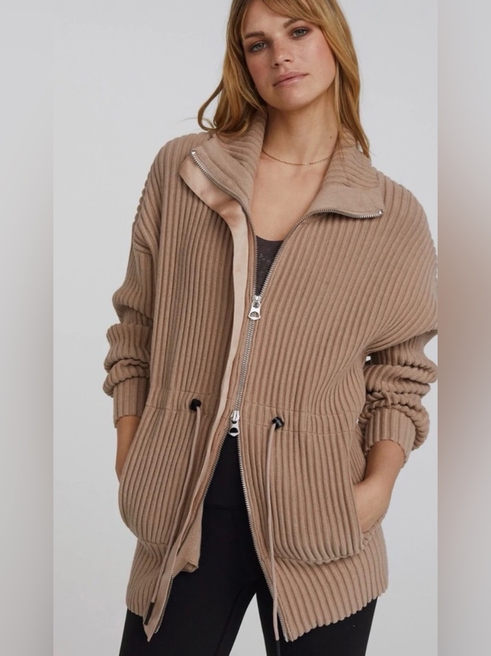 Varley Ribbed Cowl Neck Sweater - Taupe